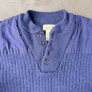 L.L. Bean Commando Henley Sweater Merino Wool Medium Ribbed Blue Elbow Patches